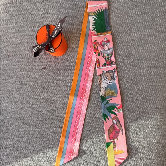 Hermes Jungle Print Silk Twilly Scarf - Pink, Orange, Yellow - Picture 1 of 5